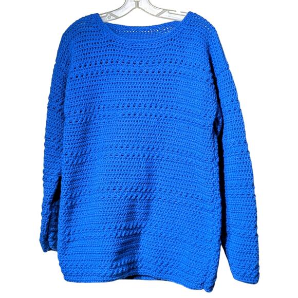 Hand Made Crocheted Loose Knit Nautical Blue Crew Neck Sweater Size Approx. L - Picture 2 of 6